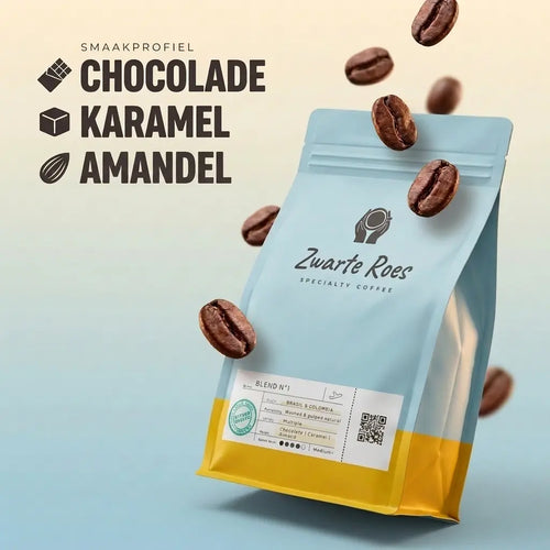 Smaakprofiel Blend No1 koffiebonen met tonen van chocolade, karamel en amandel, Zwarte Roes proefpakket