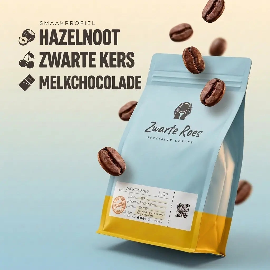 Smaakprofiel Capricornio single origin koffiebonen uit Brazilie met tonen van hazelnoot, zwarte kers en melkchocolade, Zwarte Roes proefpakket