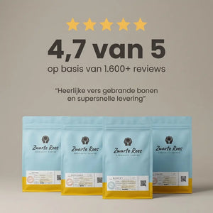 Zwarte Roes klantbeoordeling 4,7 van 5 sterren op basis van 1.600+ reviews voor het proefpakket verse koffiebonen