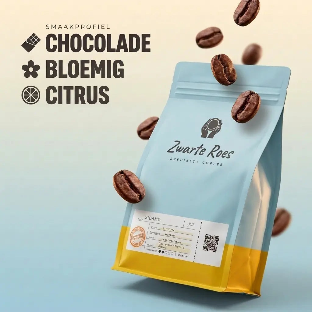 Smaakprofiel Sidamo single origin koffiebonen uit Ethiopie met tonen van chocolade, bloemig en citrus, Zwarte Roes proefpakket