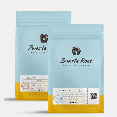Zwarte Roes espresso tasting box met twee zakken van 250 gram